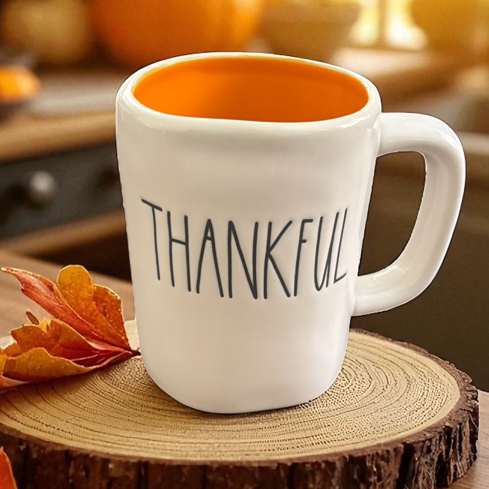 NWT RAE DUNN Ceramic THANKFUL Large Mug Autumn Fall White Orange - Picture 2 of 9
